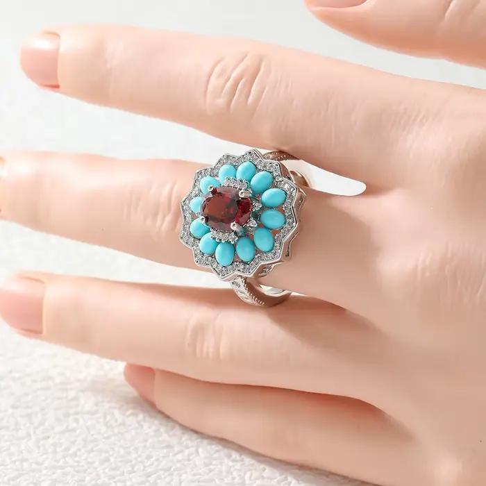 Bague Vintage de Luxe Léger en Forme de Fleur avec Incrustation de Turquoise Synthétique et Zircon, Bague de Tempérament pour Femme, Bijou de Soirée et de Banquet