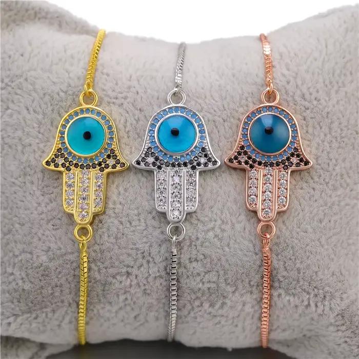 Juya – Bracelet turc à l'oeil porte-bonheur pour femme, micro-pavé de zircon, breloques œil grec, chaînes réglables, fournitures de bijoux Hamsa