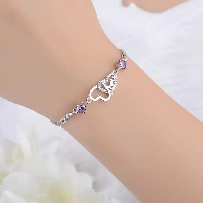 925 argent Sterling amour éternel coeur zircone Double couche chaîne Bracelet pour les femmes Pulseira Feminina S-b47