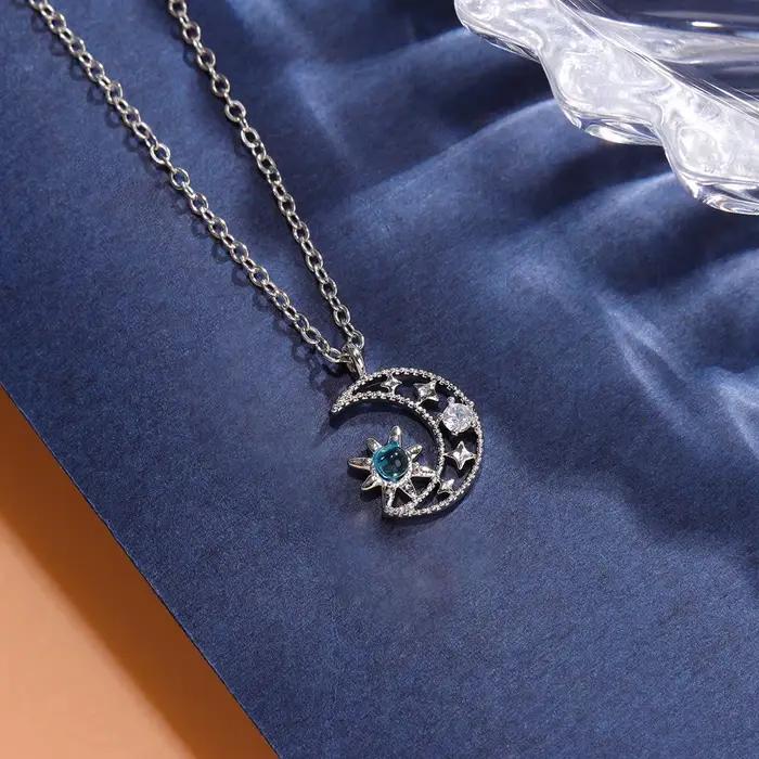 Collier en argent sterling 925 lune bleue claire cristaux étoile occasionnelle femme soirée festive