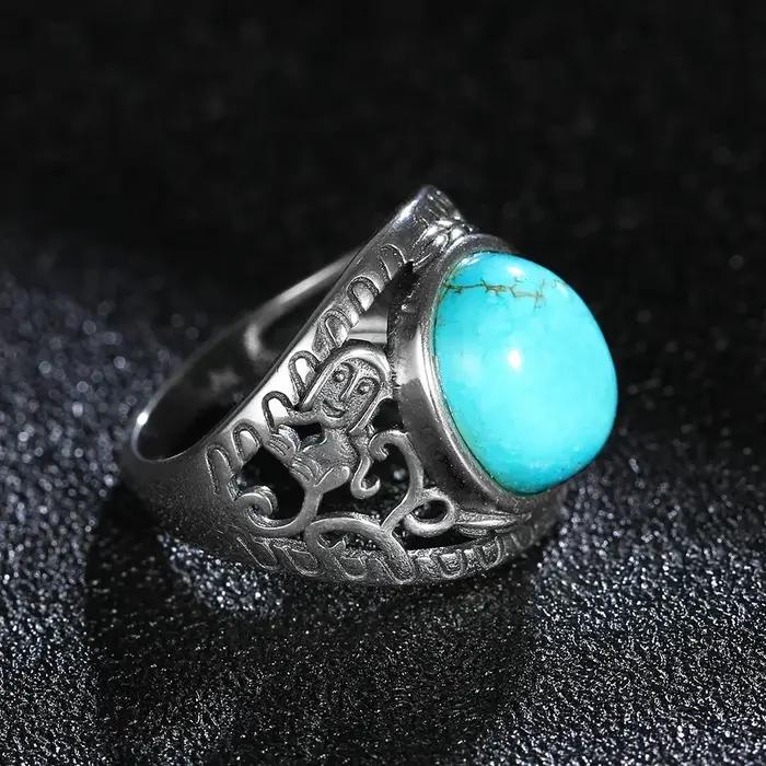 Bagues rétro en turquoise naturelle plaquées argent pour femmes et hommes