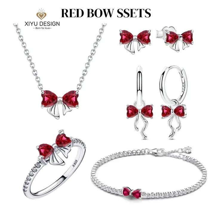 Ensemble de bijoux exquis en argent sterling 925 avec nœud rouge pour femme