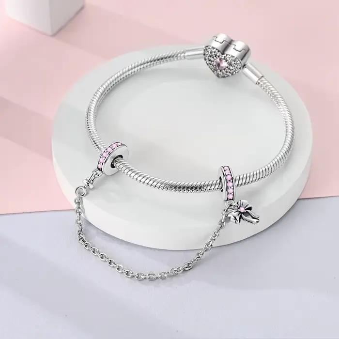 Chaîne de sécurité en argent 925, motif bande de cœurs, perles de charme pour bracelet original, bijoux DIY