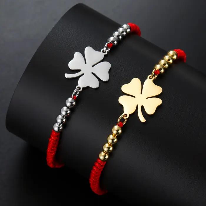 Bracelet à breloques trèfle porte-bonheur rouge noir