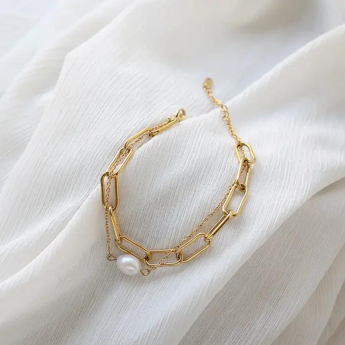 Amaiyllis-Bracelet de perles d'eau douce en or 18 carats pour femme, bijoux faits à la main, nar, double couche, Boho, Kolye