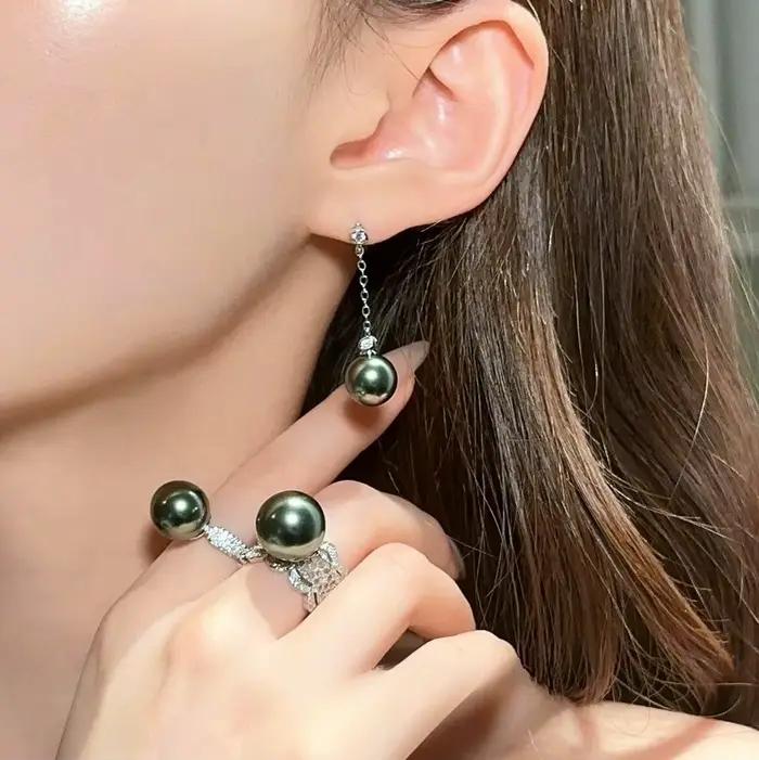Ensemble de bijoux en perles de coquillage vert paon et pierres scintillantes, bague au design nid d'abeille avec diamants étincelants, ensemble de collier en perles de Tahiti Princess