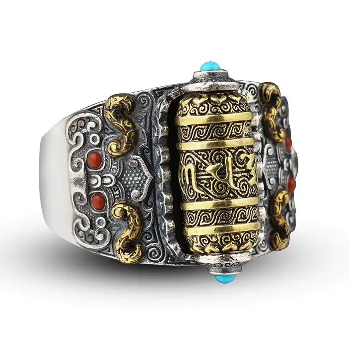 Bague d'écriture bouddhiste rétro pouvant être rotative pour hommes, bijoux de personnalité en argent 925, bague réglable pour Index masculin, Bijou