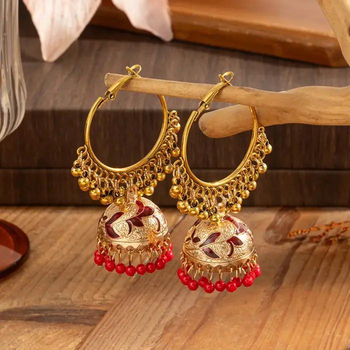 Boucles d'oreilles Jhumka grand rond couleur or pour femmes bijoux vintage ethnique émail fleur cloche bohème occasions spéciales