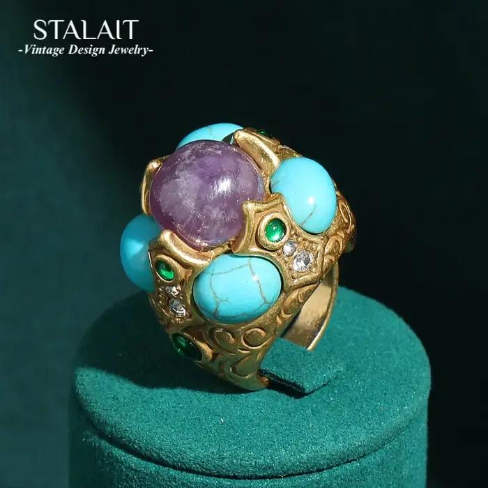 Bagues Turquoise Vintage avec pierre violette naturelle pour femmes