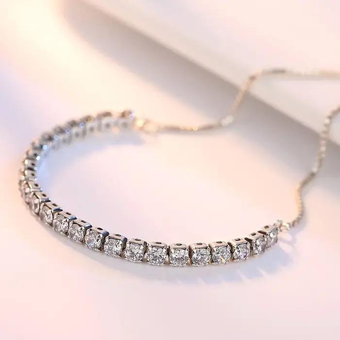 Bracelet en argent sterling 925 élégant avec chaîne de zircon et cristaux pour femme