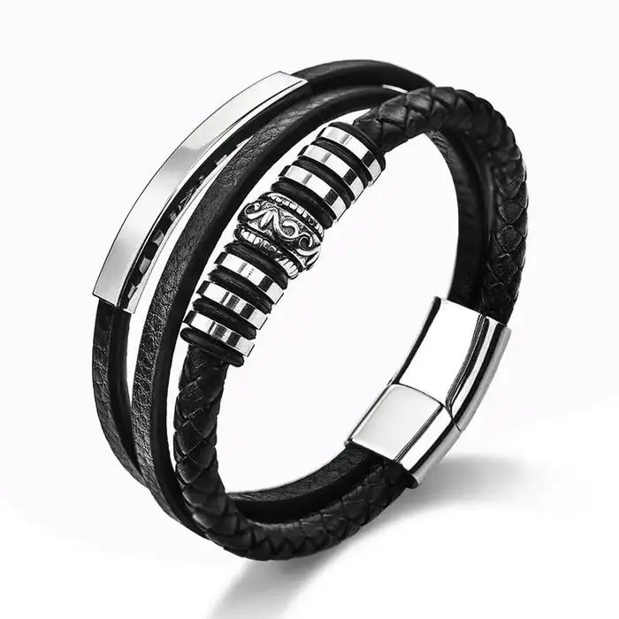 Bracelet en cuir pour homme style punk acier inoxydable plaqué argent rhodium occasion quotidienne fête cadeau original