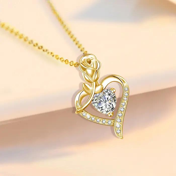 Collier en Moissonite Fleurs de Rose avec Pendentif Cœur et Certificat pour Occasions Spéciales Bijoux Luxe Fiançailles Mariage