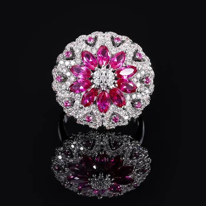 QIBAOKU nouvelle mode bague exquise vert Tourmaline diamant rouge corindon fleur cristal Zircon anneau lumière bijoux de luxe