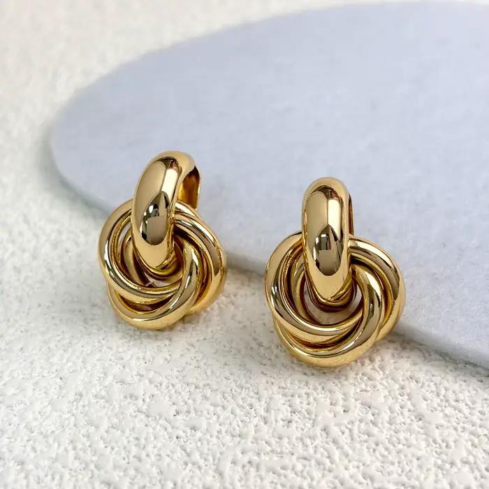Boucles d'oreilles créoles à nœud en acier inoxydable pour femmes, plaqué or et argent brillant, tendance, bijoux à la mode, cadeaux