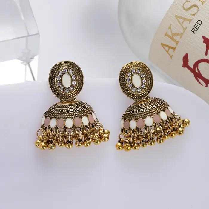 Boucles d'oreilles ethniques indiennes couleur or cloche pendantes pour dames charme multicolore cristal bohème bijoux