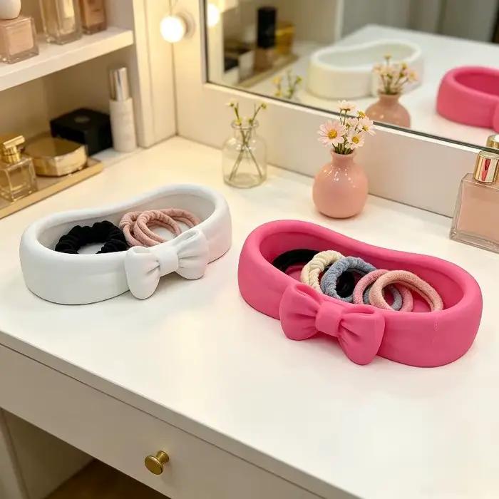 Plateau de rangement pour bijoux avec joli nœud décoratif, lisse, grande capacité, organisateur de voyage portable pour la vanité, les bijoux et les cosmétiques