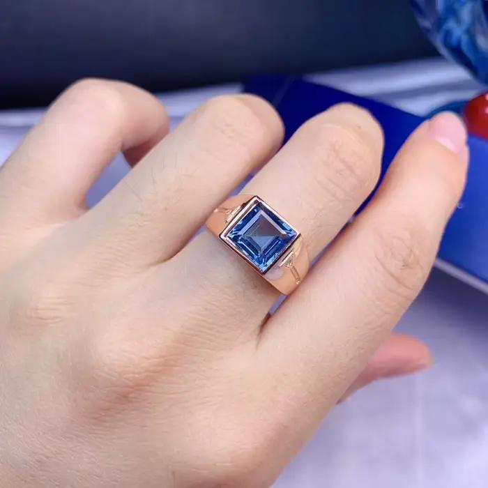 Bague en argent regardé 925 avec topaze bleue océan pour homme