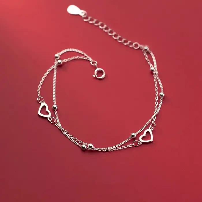 Bracelet en argent sterling 925 forme cœur double couche perles pour femmes et filles cadeau fête romantique vintage design coréen