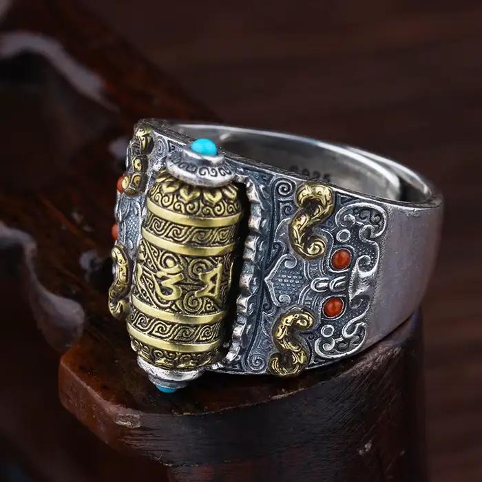 Bague d'écriture bouddhiste rétro pouvant être rotative pour hommes, bijoux de personnalité en argent 925, bague réglable pour Index masculin, Bijou