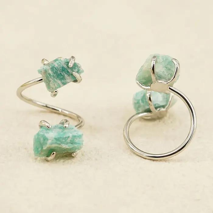 Bague en pierre brute d'amazonite pour femmes et filles, style bohème, double pierre, ajustable, cadeau parfait pour les occasions spéciales et les soirées