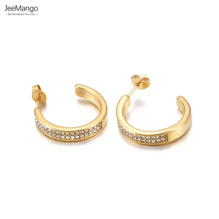 JeeMango – boucles d'oreilles circulaires en Zircon brillant pour femmes, couleur or, en acier inoxydable, bijoux de luxe pour mariage, E26083