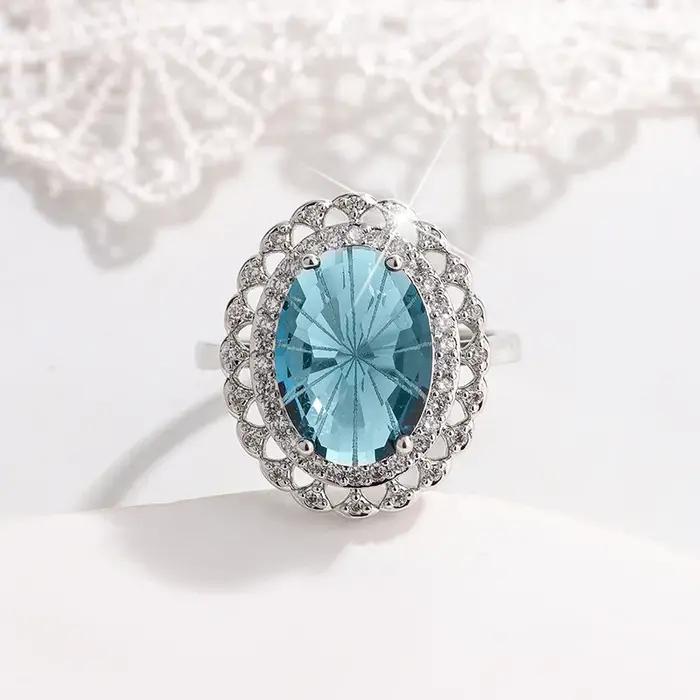 Bague Haute Couture pour femme, plaquée argent 925, Topaze bleue naturelle, bijoux de fête, cadeau