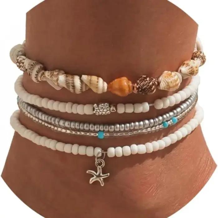 Ensemble de bracelets de cheville en perles pour femmes, ajustables, style bohème, avec coquillages,