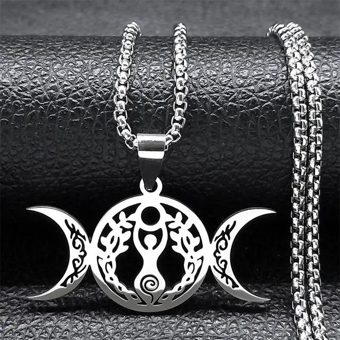 Sorcière Triple lune déesse Luna collier pour femmes hommes acier inoxydable couleur argent amulette