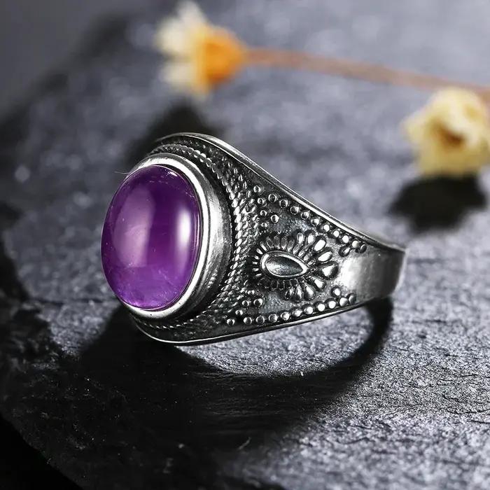 Bague en argent naturel sertie d'améthyste pour femmes, style punk, cadeau d'anniversaire, mariage, engagement, bijou de qualité supérieure