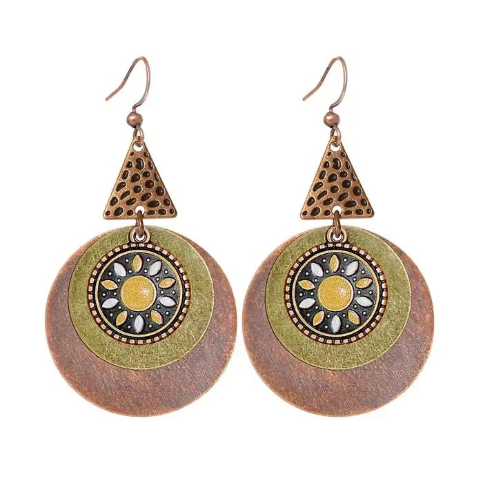 Nouvelles boucles d'oreilles rondes géométriques ethniques pour femmes, couleur or, perles métalliques, pompon, turquoise, boucles d'oreilles bohèmes, bijoux indiens