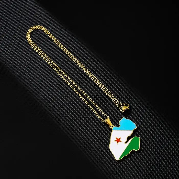 Collier carte de Djibouti en acier inoxydable émaillé pour homme et femme bijou ethnique patriotique accessoire tendance à offrir pour événements spéciaux
