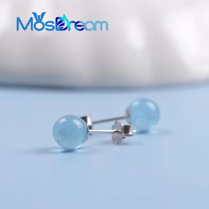 ITSMOS-Boucles d'Oreilles Aigue-Marine en Argent S925, Bijoux Ronds en Pierres Précieuses Naturelles
