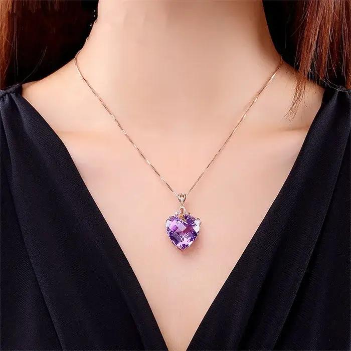 Pendentif en améthyste en forme de cœur plaqué or 18 carats, pierre précieuse colorée plaquée, colli