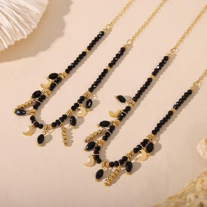 Collier chic en acier inoxydable noir avec cristaux pour femme