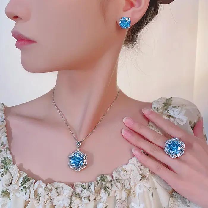 Collier fleur de camélia cristal bleu violet rose réglable bague plaqué or rose bijoux élégants pour femmes occasions spéciales