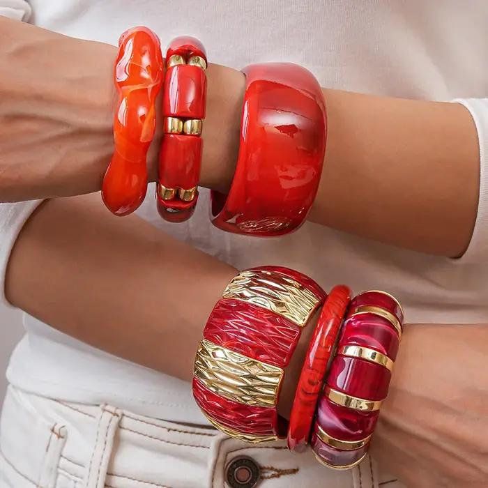 Bracelets élastiques en résine acrylique rouge