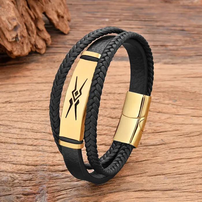 Bracelet en acier inoxydable pour hommes, corde en cuir tressé multicouche, bijoux faits à la main, Hip-Hop, Punk, nouveau, 2024