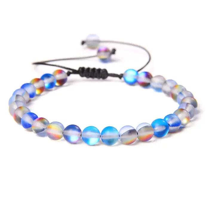 Bracelet en pierre de lune mate multicolore 6mm tressé en cristal autrichien pour femmes et hommes occasions spéciales trackers d'humeur subtils