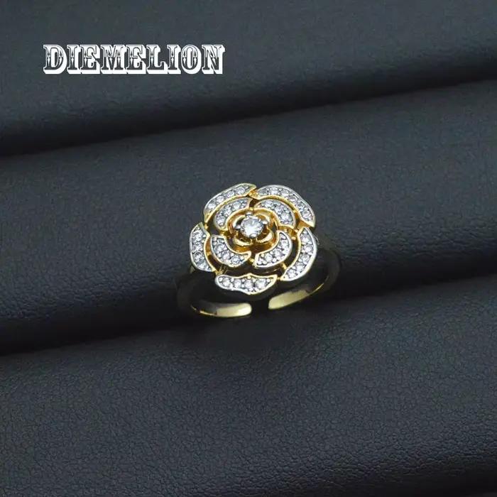 Bague romantique à trois fleurs plaquée or 18 carats, anneau camélia réglable pavé AAA CZ pour femme