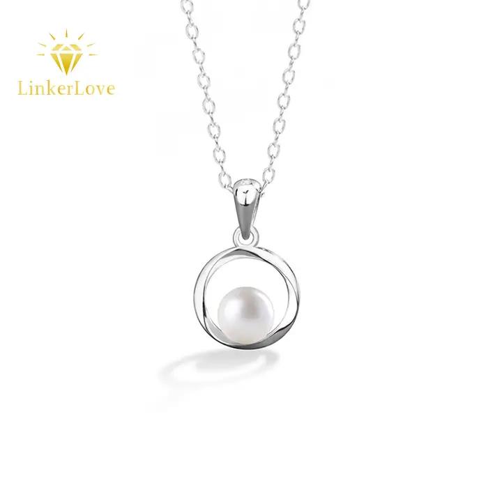 Collier en argent sterling S925 LinkerLove pour femmes, perle d'eau douce de 6 mm, pendentif en forme de cercle torsadé, bijoux fins