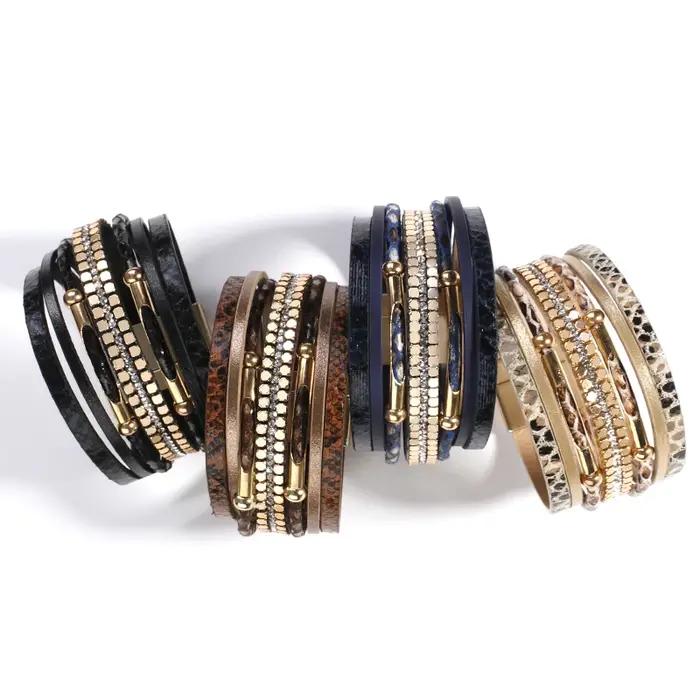 ALLYES cristal peau de serpent Bracelets en cuir pour femmes mode bohème multicouche bracelet à breloques