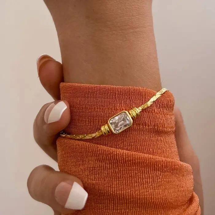 Collier et bracelet en cristal carré pour femme, acier inoxydable brillant, bijoux étanches, cadeaux