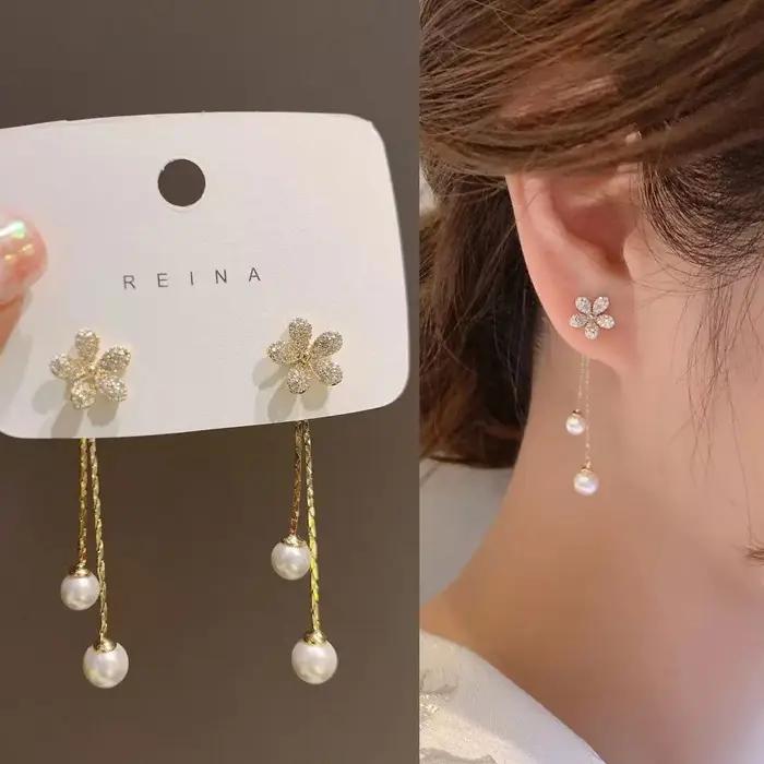2025 tendance nouvelle Zircon fleur boucle d'oreille femme tempérament glands Imitation perle boucles d'oreilles pour les femmes mode bijoux Gif