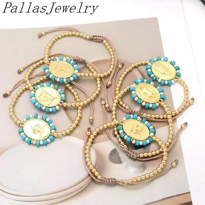 Lot de 5 Bracelets Religieux Notre-Dame de Guadalupe en Forme de Cœur et Croix, Plaqué Or, Perles Tu