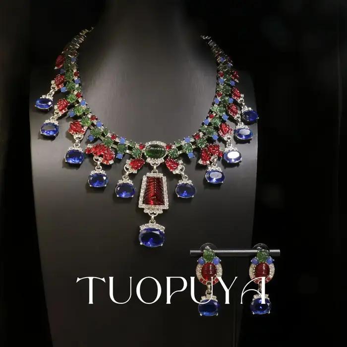 Boucles d'Oreilles et Collier Coloré en Strass Luxe Polyvalent Occasions Spéciales Nouvel An Fête Chic