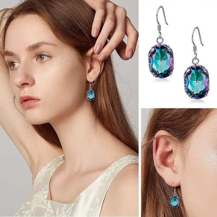 Boucles d'oreilles en argent Sterling 100% pour femmes, en topaze mystique arc-en-ciel, en pierre CZ, 925
