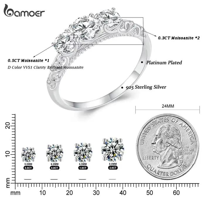 BAMOER 1.1CTTW Bague ronde Moissanite pour femme, bague de fiançailles en argent sterling 925 plaqué or blanc couleur D VVS1 Lab Diamond