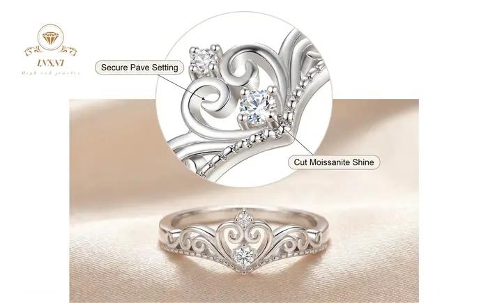 Bague Couronne de Princesse en argent sterling 925 sertie de moissanite pour femmes, bijou romantique et élégant pour diverses occasions sociales et familiales