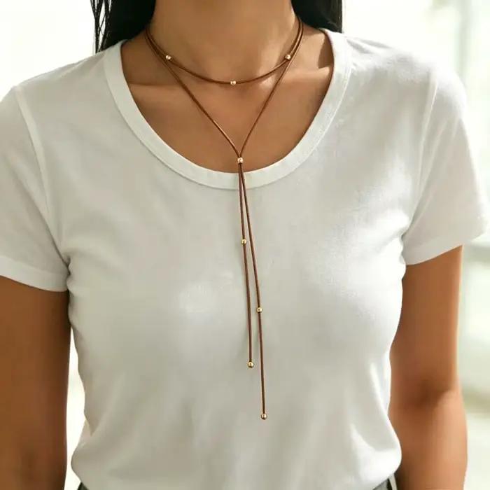 Collier pendentif nœud papillon en corde noire vintage pour femme, élégant, en métal perlé, long et réglable, accessoires de bijoux