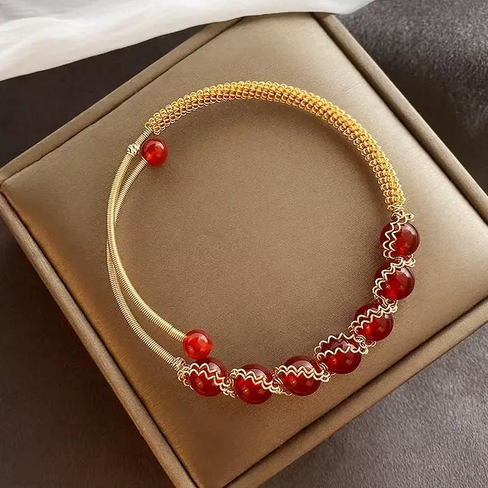 Bracelet en Agate Rouge, Design Original, Bijou Haut de Gamme, Style Rétro, Luxe Léger, Bijoux pour
